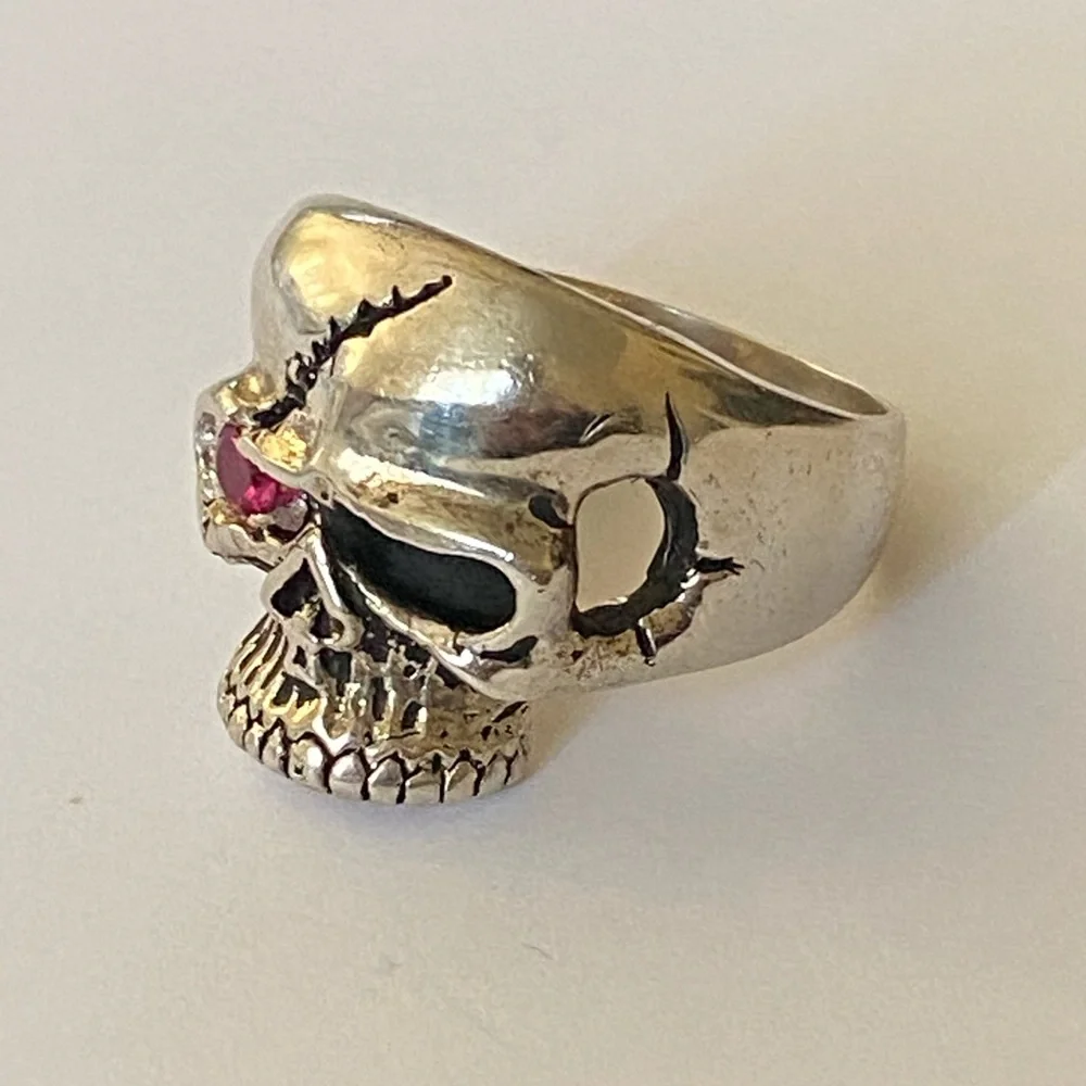 925 sterling silver biker pirate skull ring pink